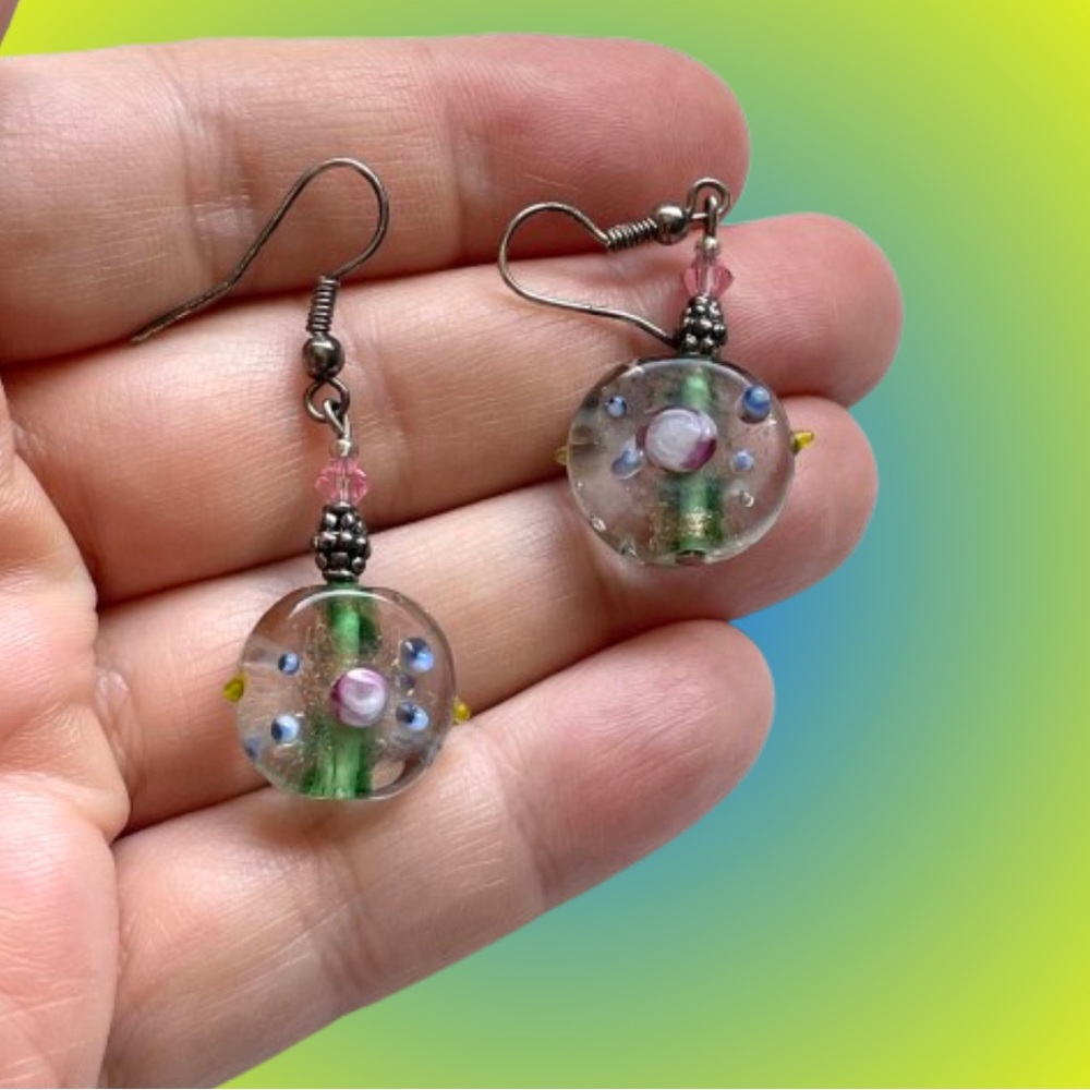 Vintage Murano style art glass wedding cake bead dangle earrings